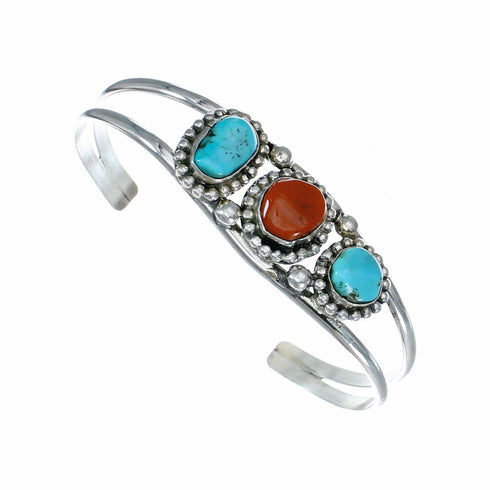 Sterling Silver Turquoise And Coral American Indian Cuff Bracelet NX12623