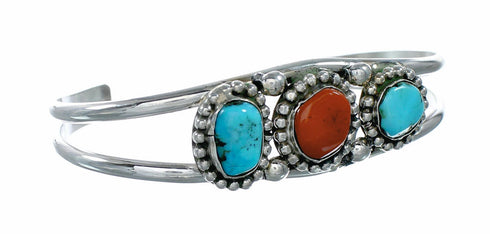 Sterling Silver Turquoise And Coral American Indian Cuff Bracelet NX12623