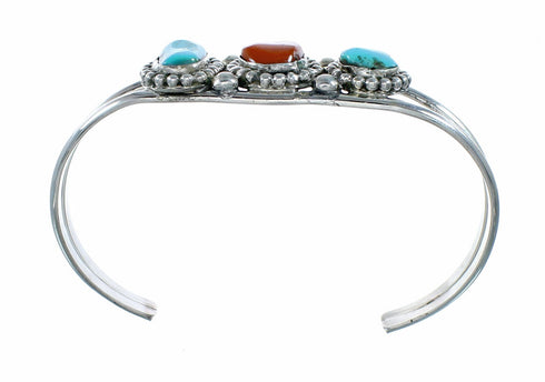Sterling Silver Turquoise And Coral American Indian Cuff Bracelet NX12623