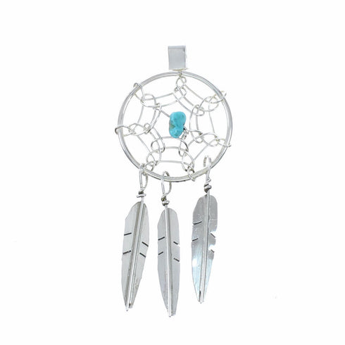 Turquoise Sterling Silver Dream Catcher Feather Navajo Pendant NX12653
