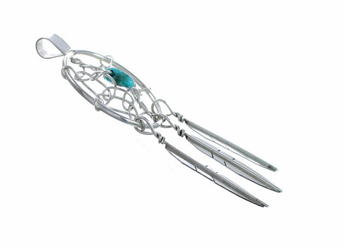 Turquoise Sterling Silver Dream Catcher Feather Navajo Pendant NX12653