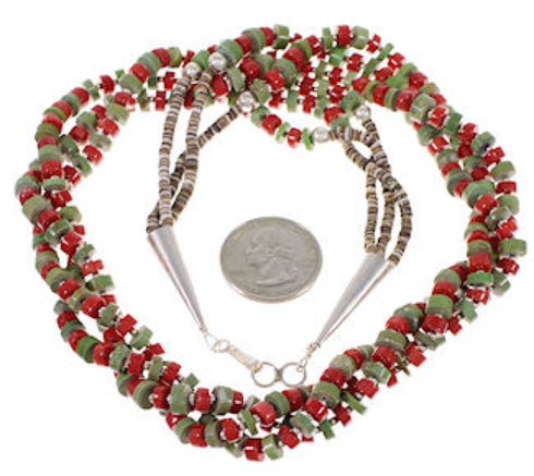 Turquoise And Coral 3-Strand Navajo Indian Bead Necklace EX26577