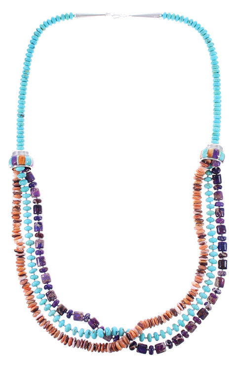 3-Strand Multicolor Genuine Sterling Silver Native American Bead Necklace AX99071