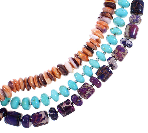 3-Strand Multicolor Genuine Sterling Silver Native American Bead Necklace AX99071
