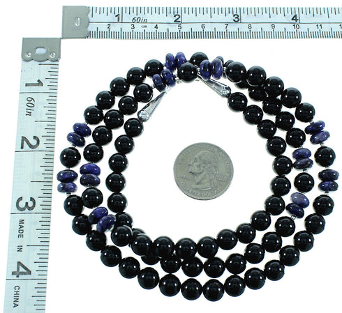 Purple Agate And Onyx Authentic Sterling Silver Native American Bead Necklace RX100496