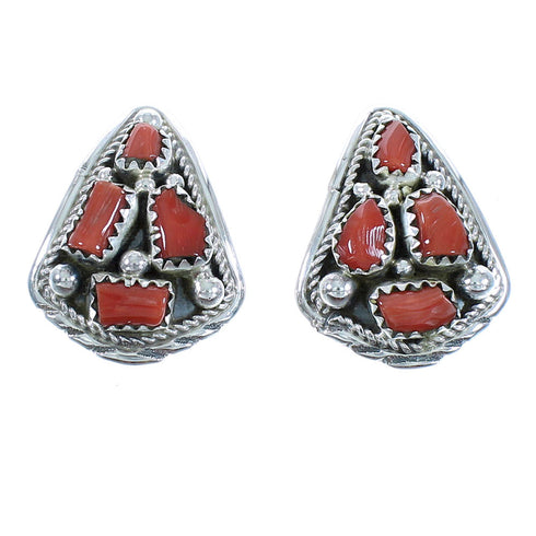 Navajo Jewelry Coral Genuine Sterling Silver Post Earrings RX102449