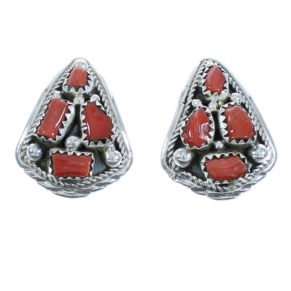 Navajo Jewelry Coral Genuine Sterling Silver Post Earrings RX102449