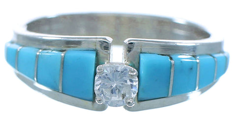 Zuni Genuine Sterling Silver CZ And Turquoise Ring Size 8-1/4 NN20736