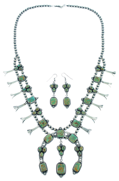 Fox Turquoise Sterling Silver American Indian Squash Blossom Necklace Set RX105256