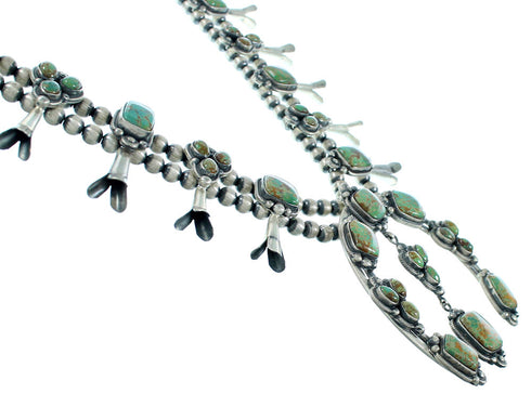 Fox Turquoise Sterling Silver American Indian Squash Blossom Necklace Set RX105256