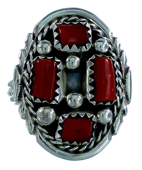 Navajo Authentic Sterling Silver And Coral Ring Size 7-3/4 SX106569
