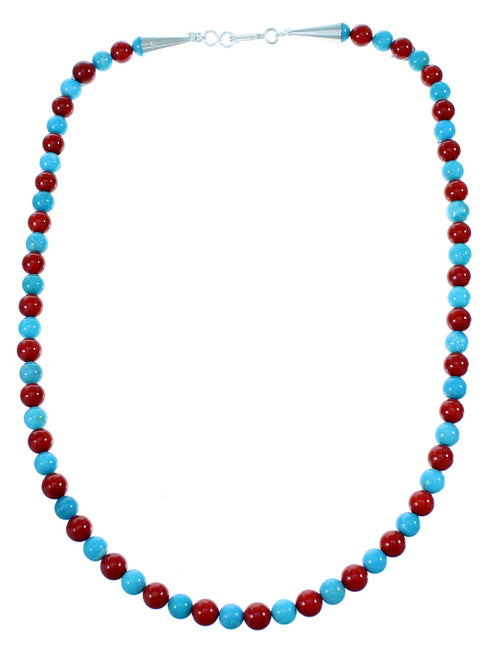 Southwest Genuine Sterling Silver Turquoise And Coral Bead Necklace SX108057
