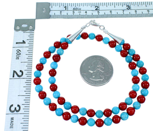 Southwest Genuine Sterling Silver Turquoise And Coral Bead Necklace SX108057