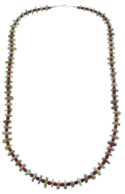 American Indian Turquoise And Coral Authentic Sterling Silver Bead Necklace SX108123