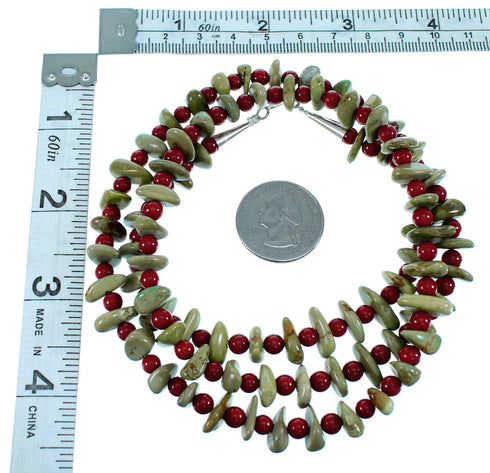 American Indian Turquoise And Coral Authentic Sterling Silver Bead Necklace SX108123