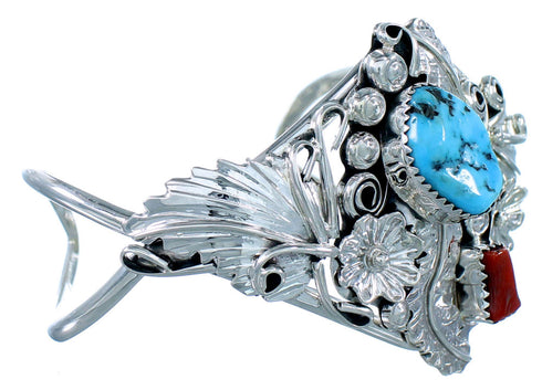 Genuine Sterling Silver Flower And Leaf Navajo Turquoise Coral Jewelry Cuff Bracelet RX108396