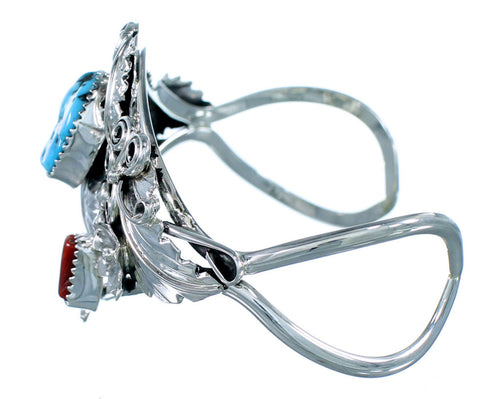 Genuine Sterling Silver Flower And Leaf Navajo Turquoise Coral Jewelry Cuff Bracelet RX108396