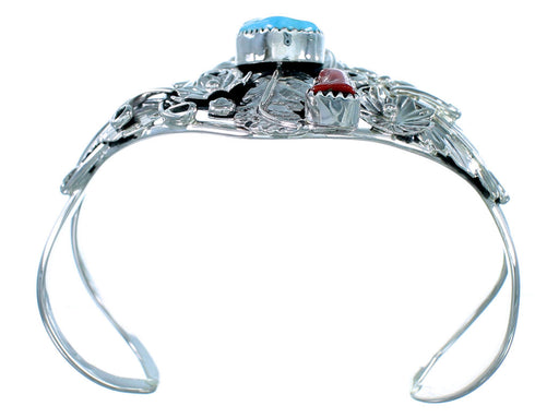 Genuine Sterling Silver Flower And Leaf Navajo Turquoise Coral Jewelry Cuff Bracelet RX108396
