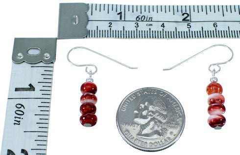 American Indian Genuine Sterling Silver Red Oyster Shell Bead Hook Dangle Earrings RX108657