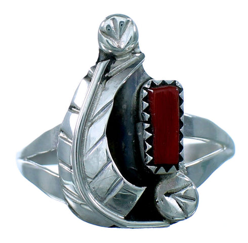 Zuni Coral Genuine Sterling Silver Leaf Ring Size 7-1/2 RX110859