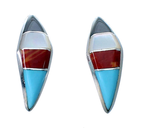 Sterling Silver Multicolor Inlay Zuni Post Hoop Earrings RX111749