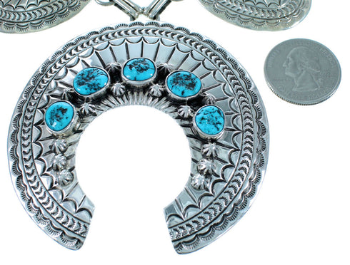 Navajo Turquoise Sterling Silver Concho Squash Blossom Necklace Set SX111761