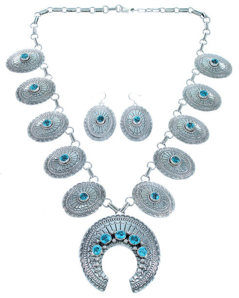 Navajo Turquoise Sterling Silver Concho Squash Blossom Necklace Set SX111761