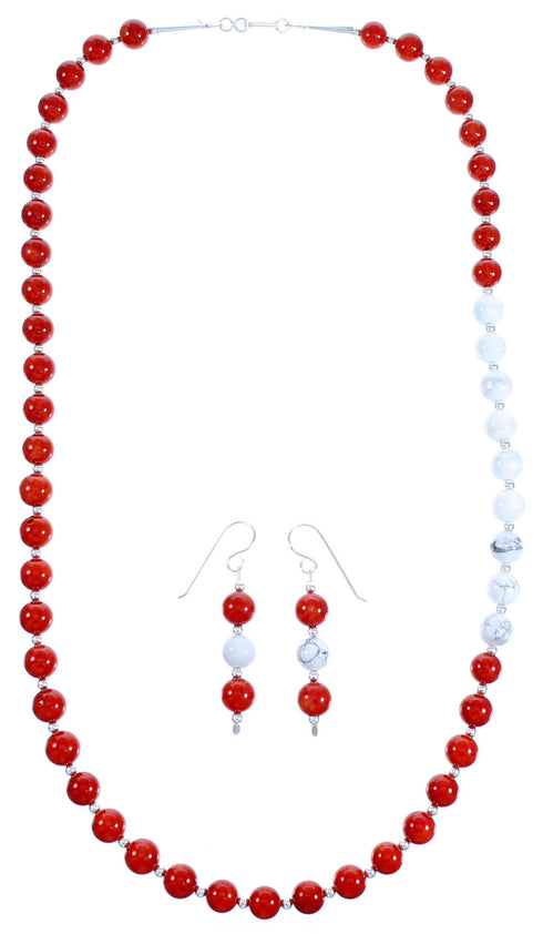 Sterling Silver Navajo Howlite And Coral Bead Necklace And Earrings LX114027