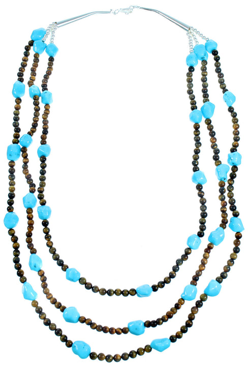 Turquoise Tiger Eye Authentic Sterling Silver 3-Strand Bead Necklace RX114226