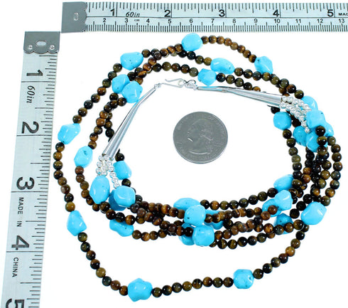 Turquoise Tiger Eye Authentic Sterling Silver 3-Strand Bead Necklace RX114226