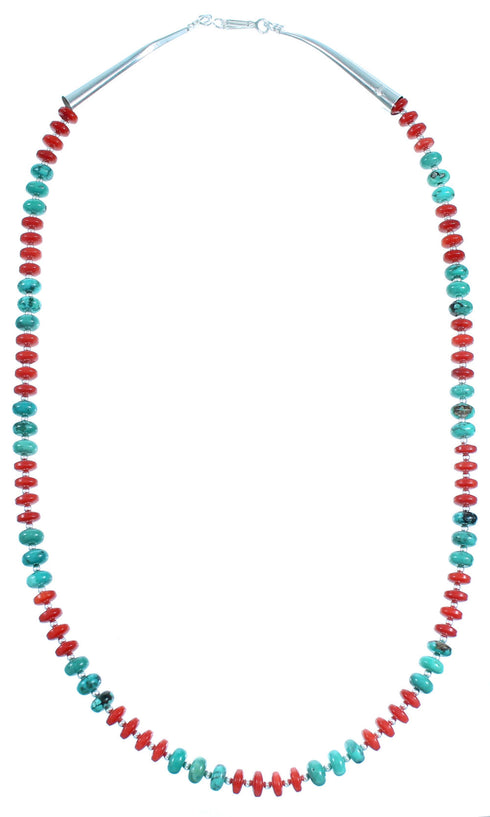 Turquoise and Coral Authentic Sterling Silver Bead Necklace RX114227