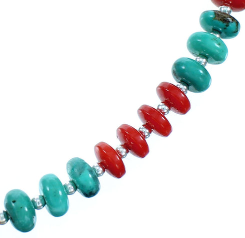 Turquoise and Coral Authentic Sterling Silver Bead Necklace RX114227