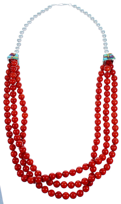 3-Strand Sterling Silver Coral Multicolor Bead Necklace SX114499