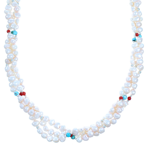 Multicolor 3-Strand Sterling Silver Twisted Bead Necklace SX114525