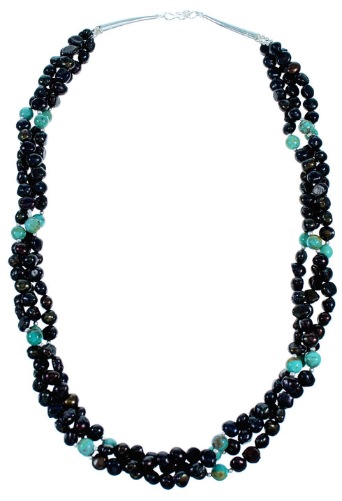 3-Strand Black Fresh Water Pearl Turquoise Sterling Silver Twisted Bead Necklace SX114526