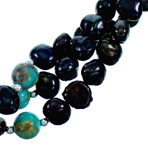 3-Strand Black Fresh Water Pearl Turquoise Sterling Silver Twisted Bead Necklace SX114526