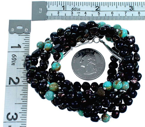 3-Strand Black Fresh Water Pearl Turquoise Sterling Silver Twisted Bead Necklace SX114526