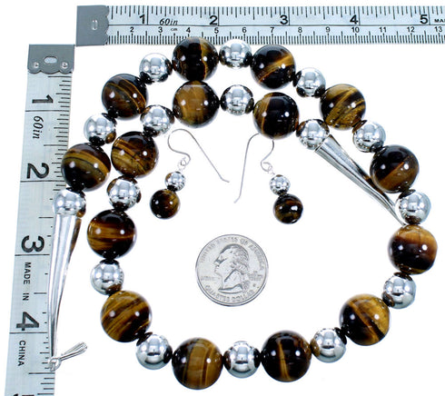 Tiger Eye Genuine Sterling Silver Bead Necklace And Earring Set LX114585