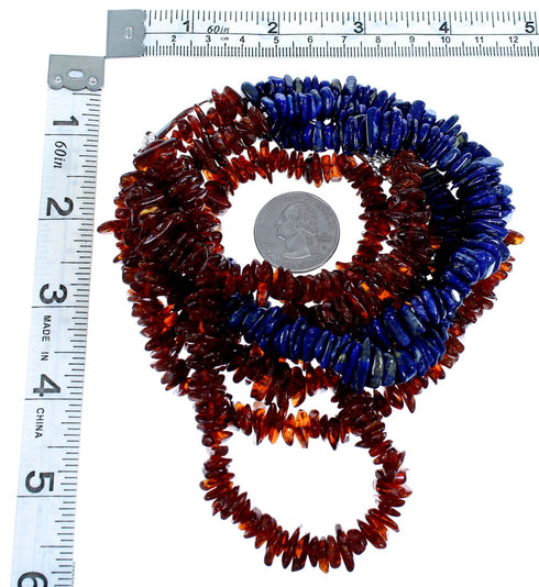 Sterling Silver 3-Strand Amber And Lapis Bead Necklace SX114681