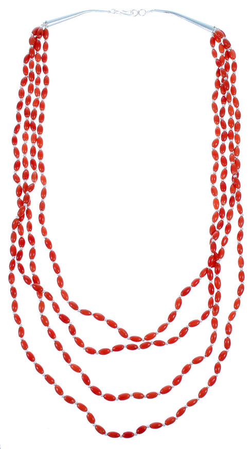 4-Strand Coral And Sterling Silver Southwest Bead Necklace SX114677