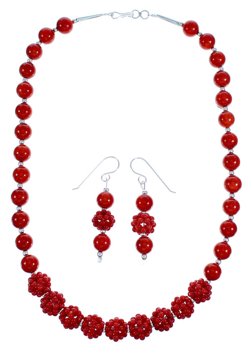 Genuine Sterling Silver Southwest Coral Bead Necklace Set RX114761