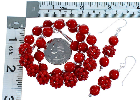 Genuine Sterling Silver Southwest Coral Bead Necklace Set RX114761