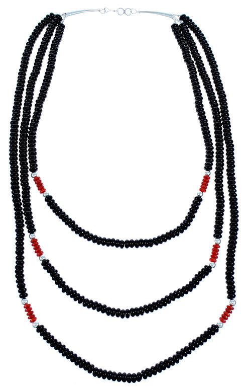 Onyx And Coral Sterling Silver 3-Strand Bead Necklace RX114762