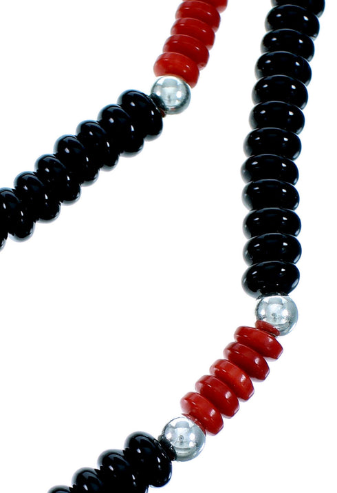 Onyx And Coral Sterling Silver 3-Strand Bead Necklace RX114762
