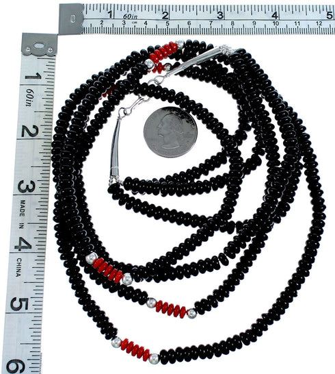 Onyx And Coral Sterling Silver 3-Strand Bead Necklace RX114762