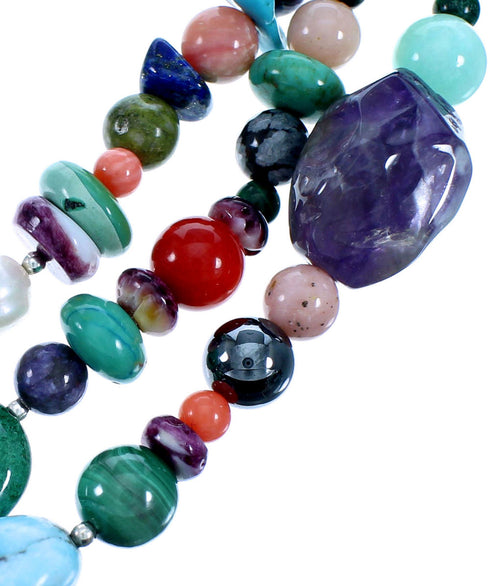 Sterling Silver 3-Strand Treasure Multicolor Bead Necklace RX114848