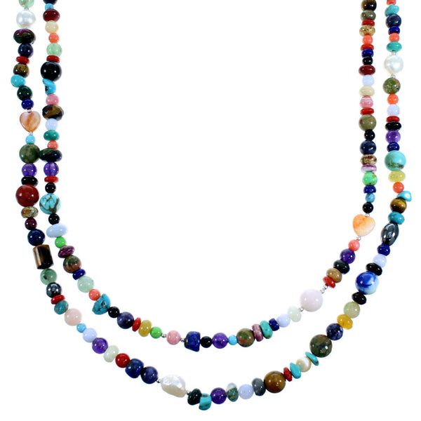 Multicolor Genuine Sterling Silver 2-Strand Treasure Bead Necklace RX114846