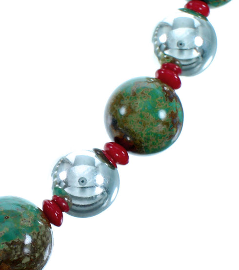 Turquoise And Coral Genuine Sterling Silver Southwest Bead Necklace SX114870