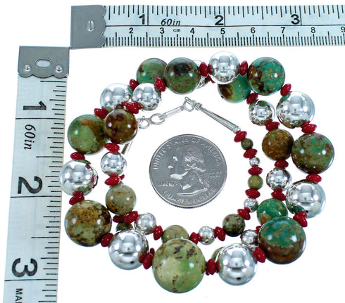 Turquoise And Coral Genuine Sterling Silver Southwest Bead Necklace SX114870