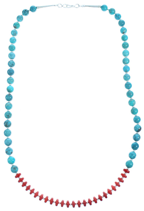 Southwestern Turquoise And Coral Sterling Silver Bead Necklace SX115072